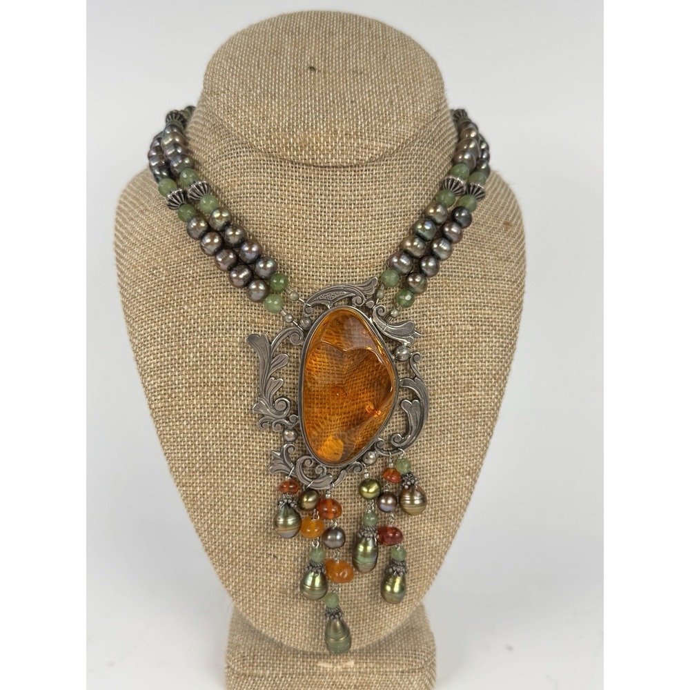 Amber & Bead Artisan Statement Necklace 24" Huge 925 Sterling Pendant 156g